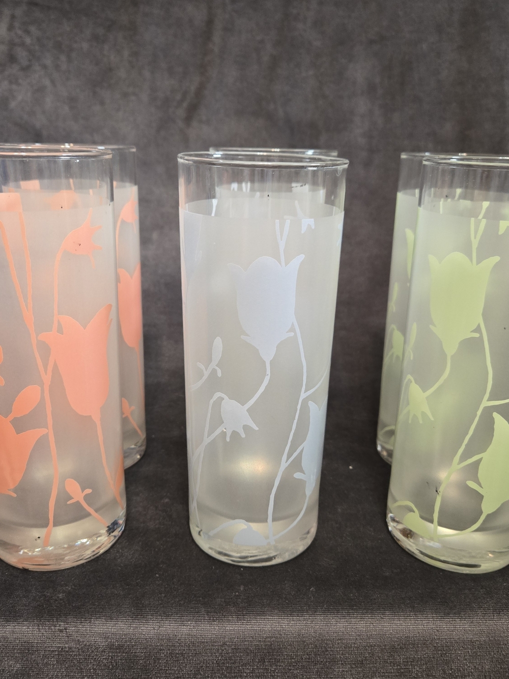 Set of 6 Vintage Libbey Frosted Tulip Hiball Glasses - Blue, Coral, yellow2 each